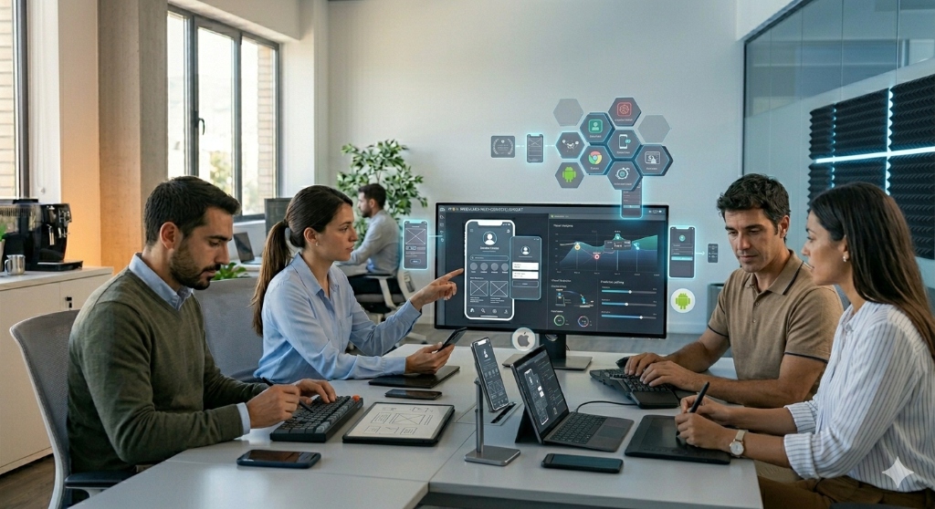 Equipo desarrollando aplicaciones móviles con tecnología moderna