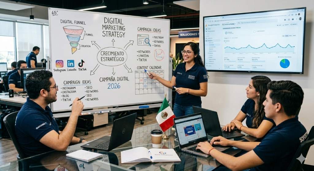 Equipo de marketing digital analizando estrategias y métricas